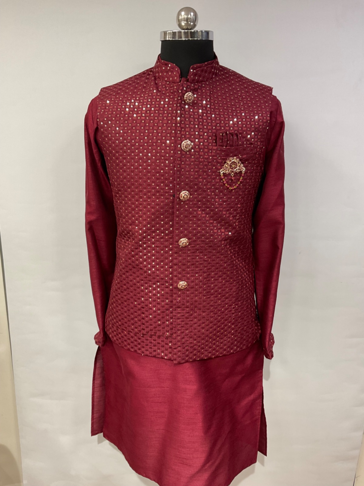 Meroon Kurta With Nehru Jacket Meroon Kurta With Nehru Jacket