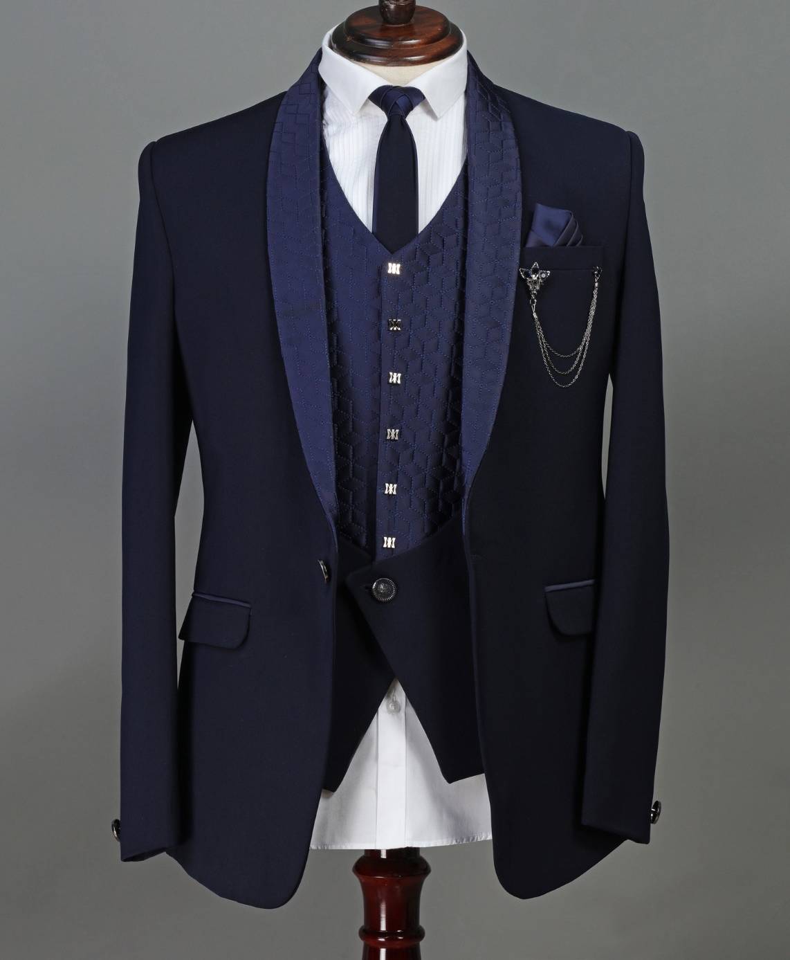 Men Rayon Navy Three Piece Coat Set Men Rayon Navy Three Piece Coat Set