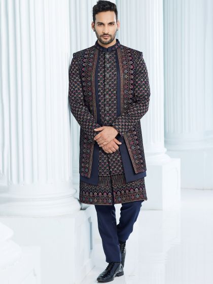 Blue Embroidered Mens Indowestern