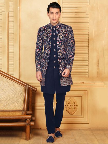 Blue Embroidered Indowestern For Mens