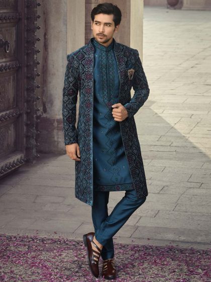 Blue Thread Embroidered Indowestern Sherwani