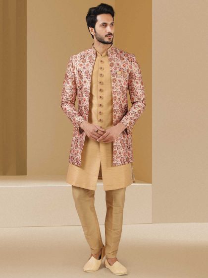 Golden Maroon Banarasi Silk Indowestern For men