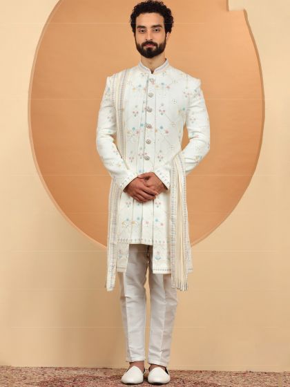 White Thread Embroidered Sherwani