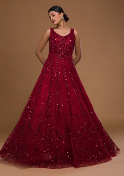 Maroon Net Designer Gown
